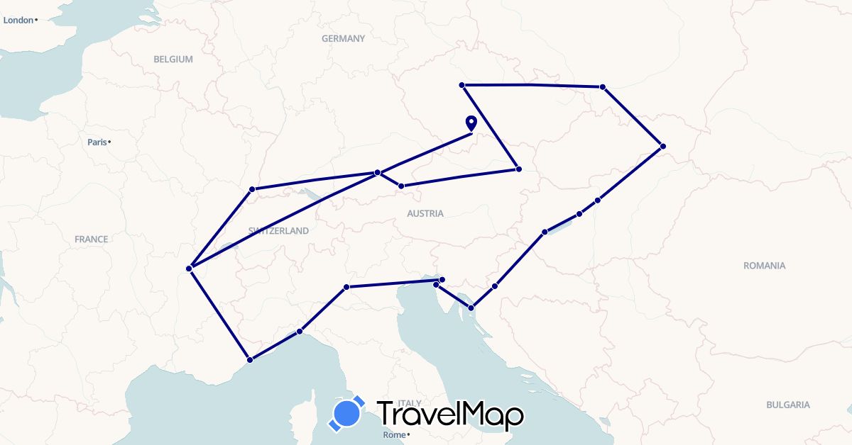 TravelMap itinerary: driving in Czech Republic, Germany, France, Croatia, Hungary, Italy, Poland, Slovenia (Europe)